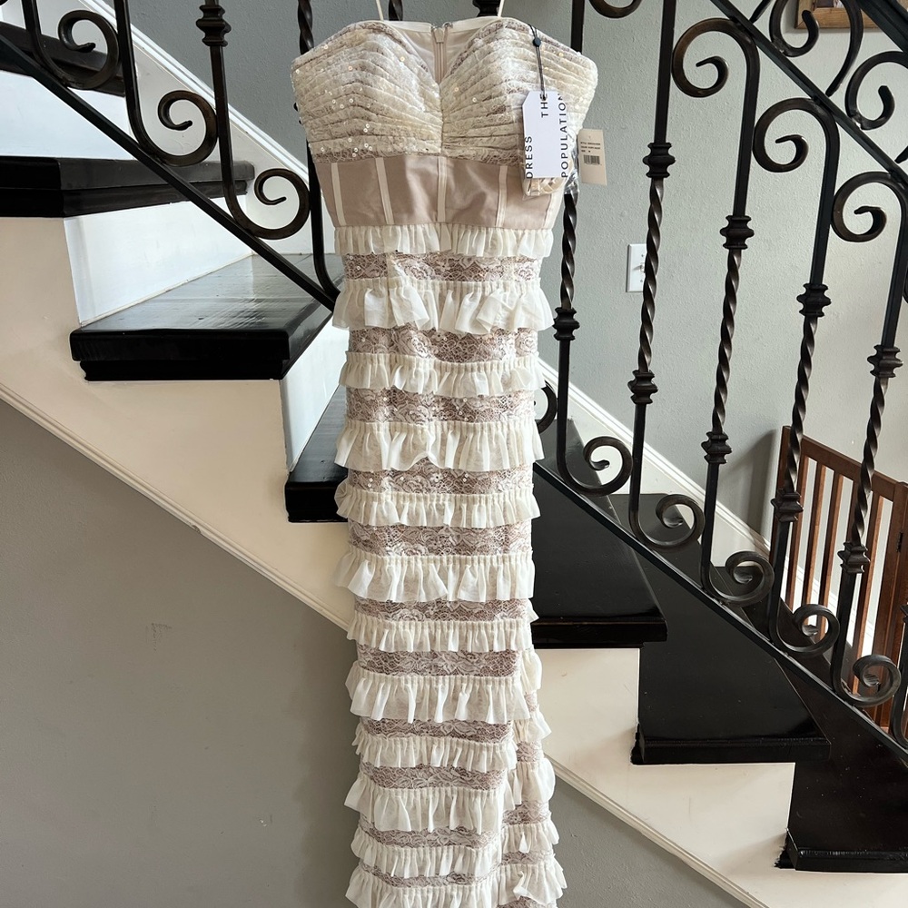 Dress the Population Cream Ruffle Strapless Gown